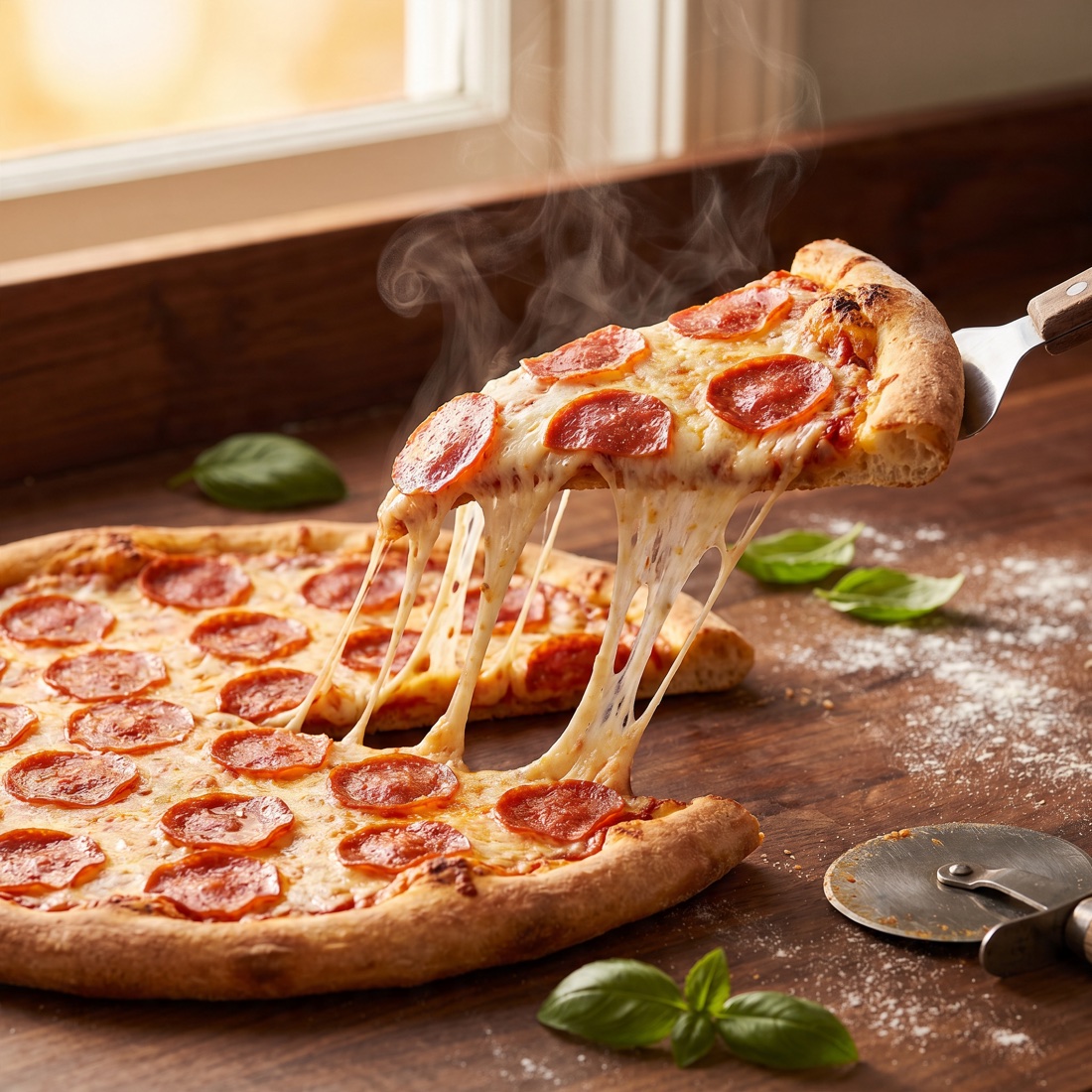 A hot slice being pulled from a fresh AJ's pizza with a long, stretchy cheese pull