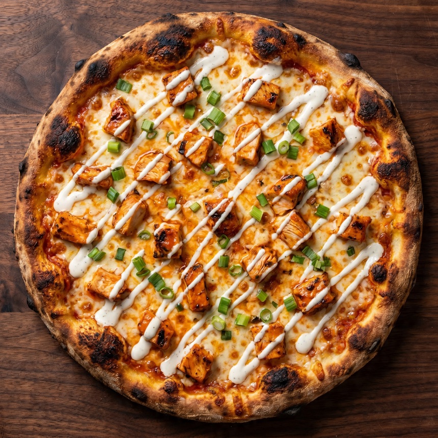 Buffalo chicken pizza with grilled buffalo chicken, ranch drizzle and green onion