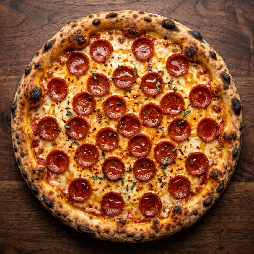 Hot honey pepperoni pizza with crispy cupping pepperoni and a hot honey drizzle